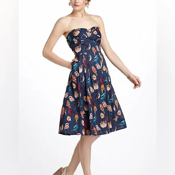 Maeve Navy Native Birds Print Strapless Midi Dress - Picture 1 of 9